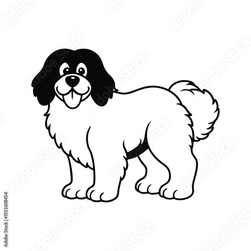 Friendly Newfoundland dog with fluffy fur silhouette isolated on white background