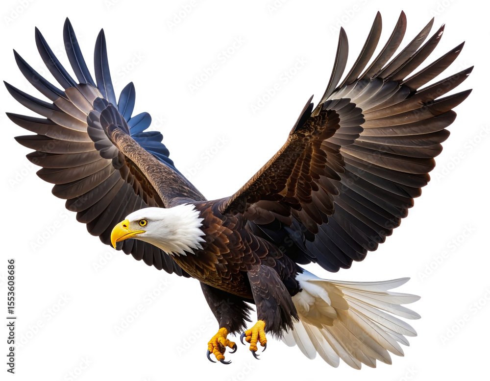 Obraz premium Realistic Bald Eagle in Flight with Wings Fully Spread and Sharp Eyes, Side View, Isolated on Transparent Background