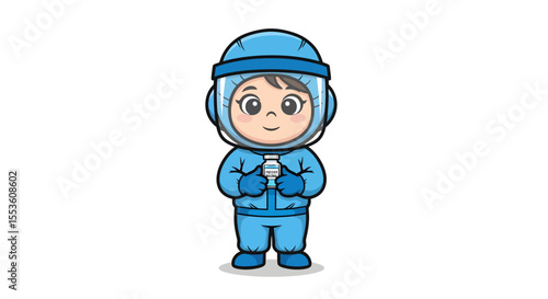 Cartoon girl in blue hazmat suit holding COVID19 vaccine vial.