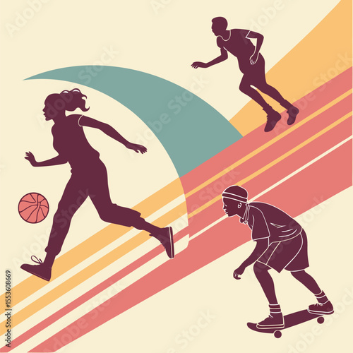 Silhouettes of people playing basketball running and skateboarding on a striped background design art