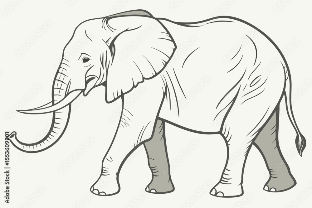 Fototapeta premium Hand drawn African elephant is walking gracefully, its trunk curved downwards and legs shaded