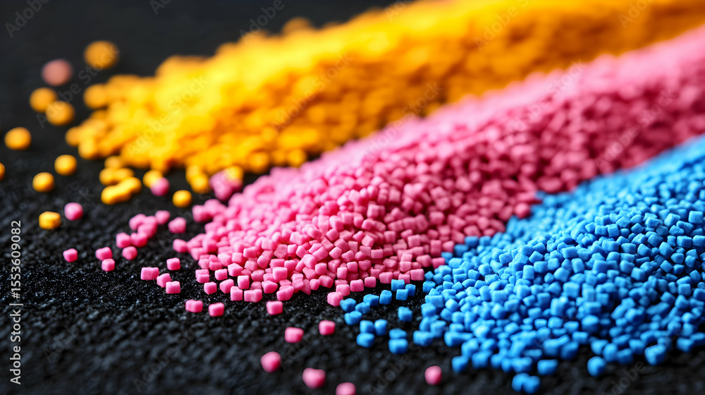 Fototapeta premium Colorful plastic polymer granules in vibrant hues of pink, yellow, and blue, arranged in a visually appealing gradient on a dark background.