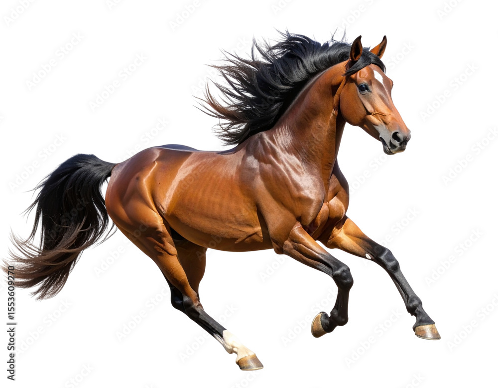 Realistic Brown Horse Galloping in Motion with Flowing Mane, Side View, Isolated on Transparent Background Realistic Brown Horse Galloping in Motion with Flowing Mane, Side View, Isolated on Transparent Background