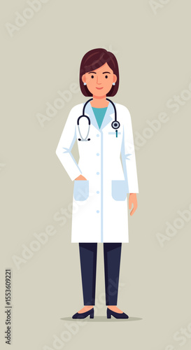 Confident female doctor with stethoscope and lab coat full body view.