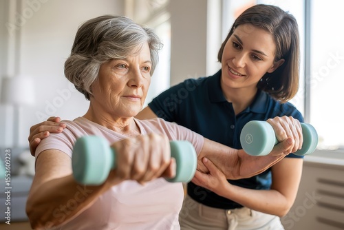 A physical therapist assists an elderly woman with light weight training