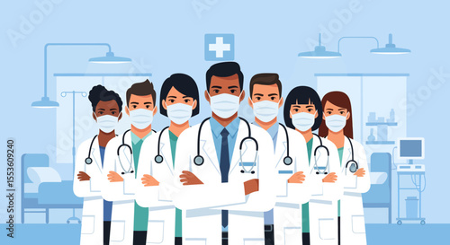 Diverse medical team in masks white coats and stethoscopes arms crossed.