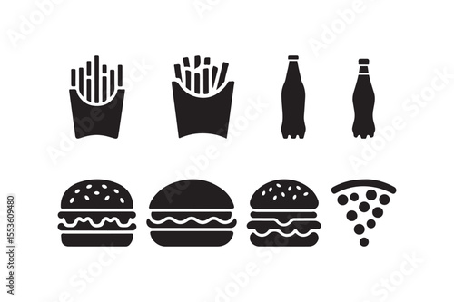 Minimalist Fast Food Icon Set Burger, Fries, Pizza, Soda Silhouettes