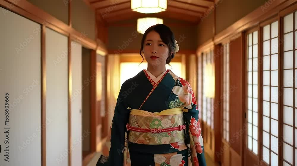 Woman in kimono walking Japanese hallway Woman in kimono walking Japanese hallway