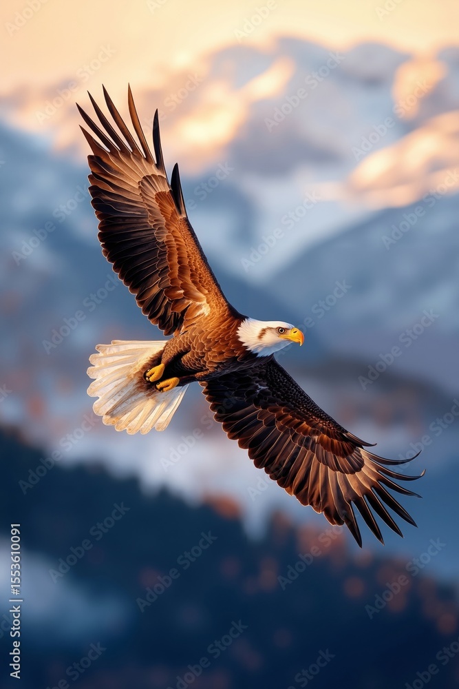 Obraz premium A bald eagle flying through the air with mountains in the background