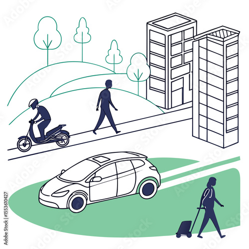 Illustration of city life with car, scooter, buildings, and people walking on the street scene design