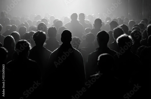 A large crowd viewed from behind, bathed in light from above