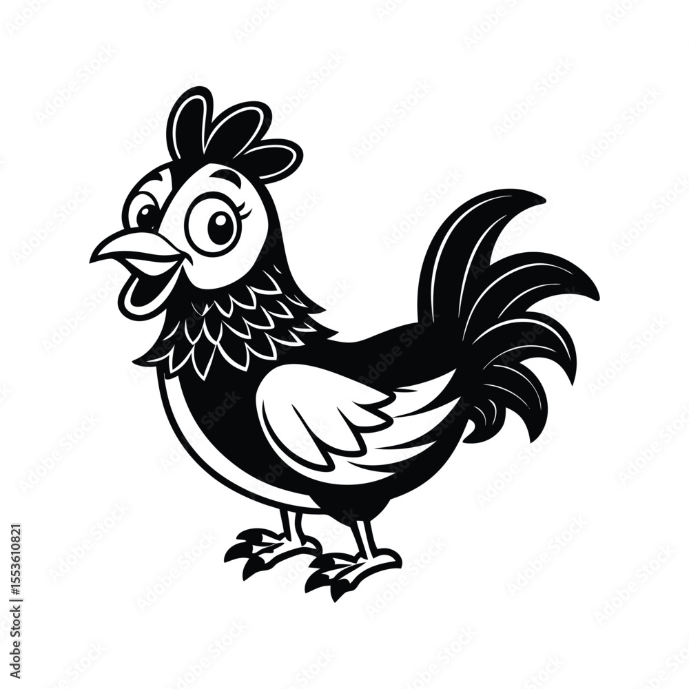 Fototapeta premium Fun cartoon chicken with feather details silhouette isolated on white background