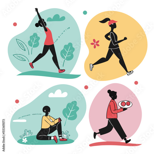 Four different women engaging in various activities such as running stretching and relaxing outside