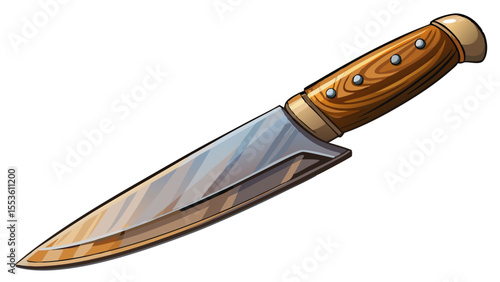 Sharp kitchen knife with wooden handle lying on white background