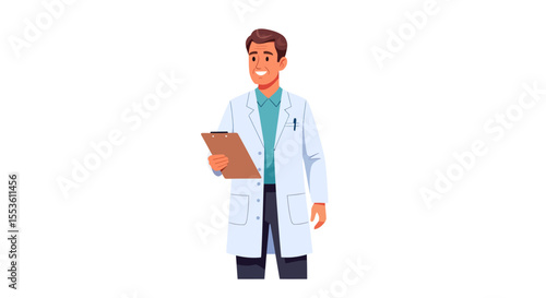 Smiling Doctor Holding Clipboard Wearing Lab Coat and Teal Shirt.