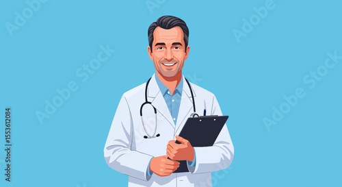 Smiling Doctor with Stethoscope and Clipboard in Professional White Coat.