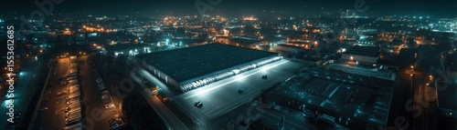 Mega urban distribution center seen from drone at night