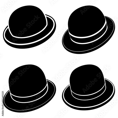 Four bowler hats arranged in a square formation with white stripes on a white background image style