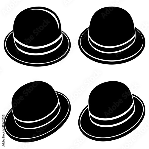 Four bowler hats arranged in a square pattern with white stripes on a white background in black and white