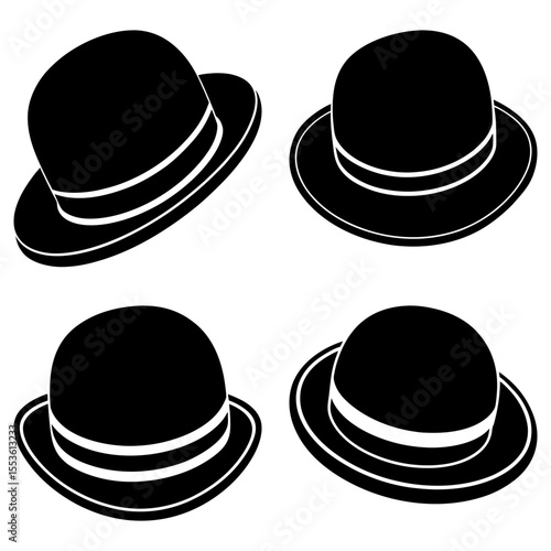 Four black bowler hats with white stripes arranged in a square pattern on a white background image