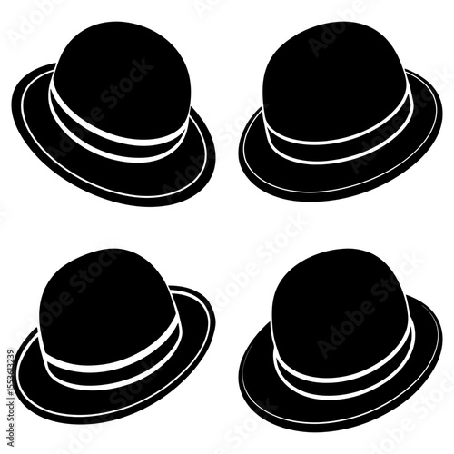 Four bowler hats arranged in a square pattern with black color and white stripes on a white background
