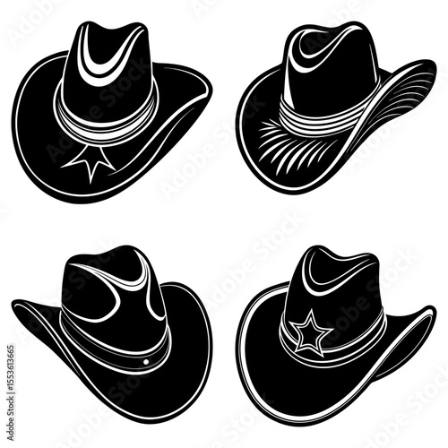 Collection of four black t shirts with different necklines and sleeve styles on a white background