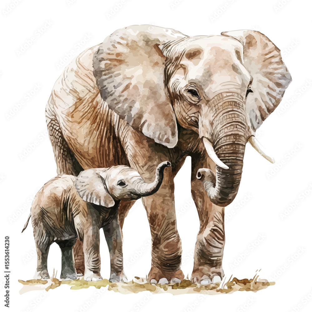 Fototapeta premium watercolor vector of A Mother Elephant With Her Kid, isolated on a white background.