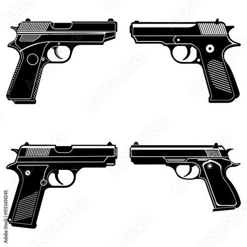 Four monochrome vector illustrations of soldiers holding rifles in circular frames with varied backgrounds