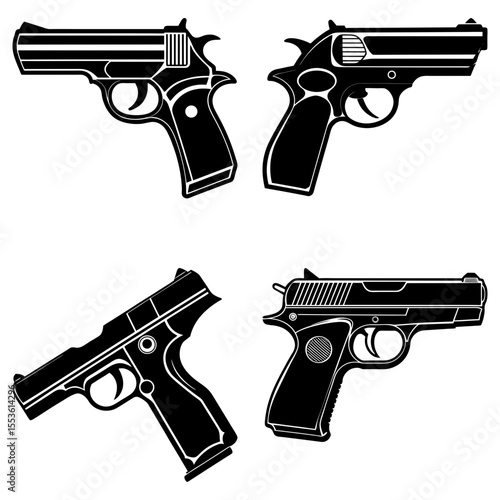 Four monochrome illustrations of soldiers holding rifles in various circular designs and poses