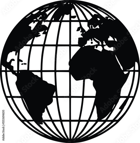 Black and White Globe Silhouette with Continents and Grid Lines