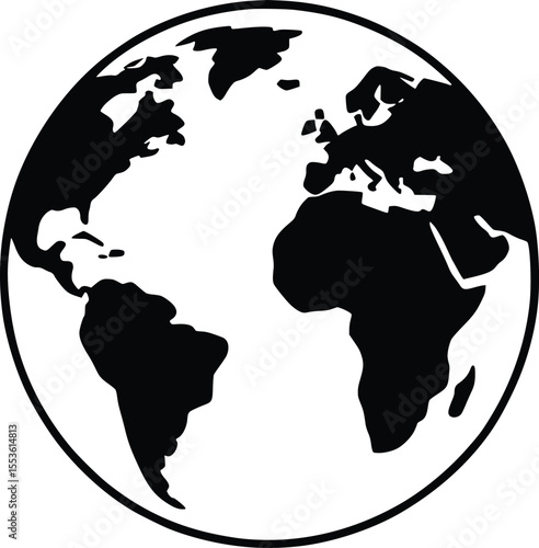 Black and White Earth Globe Icon with Continents, Simplified World Map Silhouette.