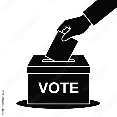 Hand dropping a ballot into a black voting box with the word vote