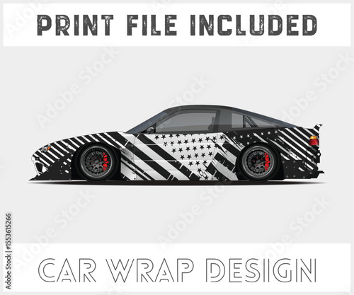 Black and White Car Wrap Design with American Flag Theme