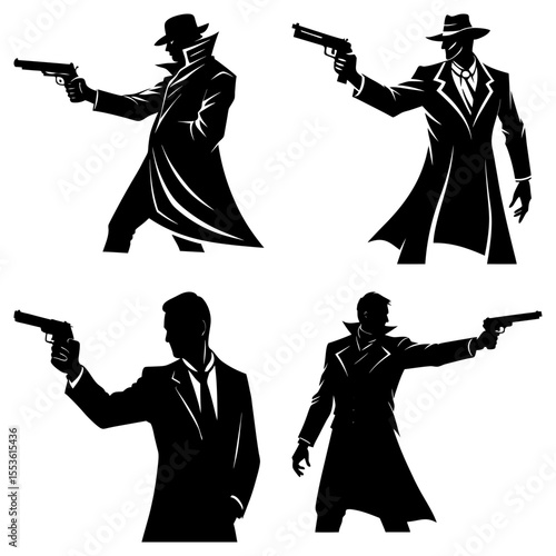Noir Style Silhouettes: Men in Suits and Overcoats Aiming Handguns; Dramatic, Mysterious Stock Vector Illustration