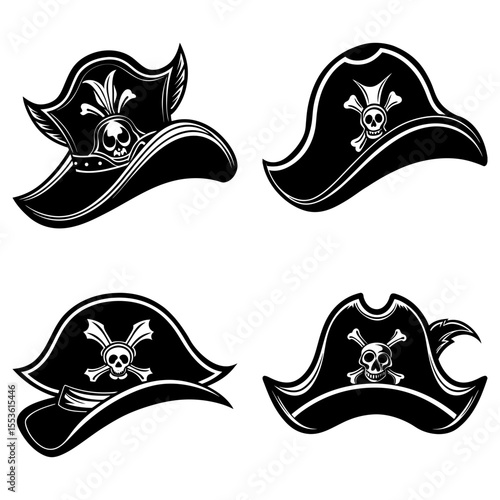 Variety of pirate hats with skull and crossbones isolated on white