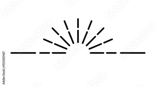 Minimalist black sunburst rising over a dashed horizon line