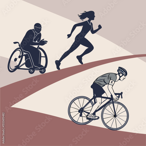 Illustration of three athletes: a wheelchair racer, a runner, and a cyclist on a gradient path