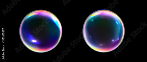 Colorful soap bubbles on a transparent background. Bright, dreamy bubbles with a rainbow gradient effect and glares isolated on black background. Glossy water drop. Vector