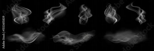 Set of steam or abstract white smog. Isolated on a black background. Wavy steam, fog, haze, gas, hot drinks, food. Vector