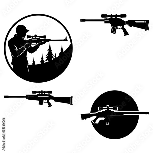 Silhouetted sniper rifles and hunter in forest isolated on white
