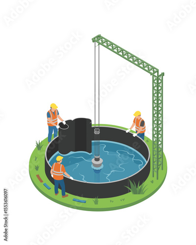 Isometric Illustration of Water Treatment Plant Construction with Workers and Crane