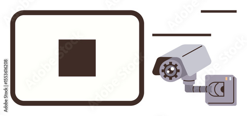 Security camera positioned towards a focus area with minimalist design. Ideal for privacy, security, surveillance, monitoring, technology, vigilance, and safety promotion. Simple flat metaphor