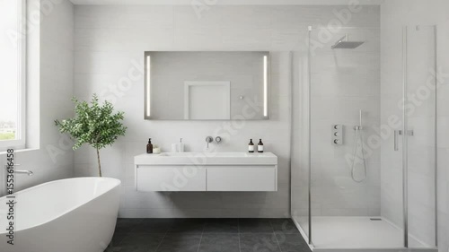 Wallpaper Mural Modern bathroom interior with bathtub, shower, and natural lighting   Torontodigital.ca