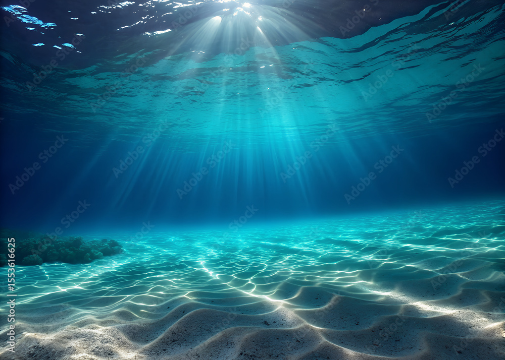 Naklejka premium Hyperrealistic Underwater Scene Deep Blue Ocean Floor with Sunbeams
