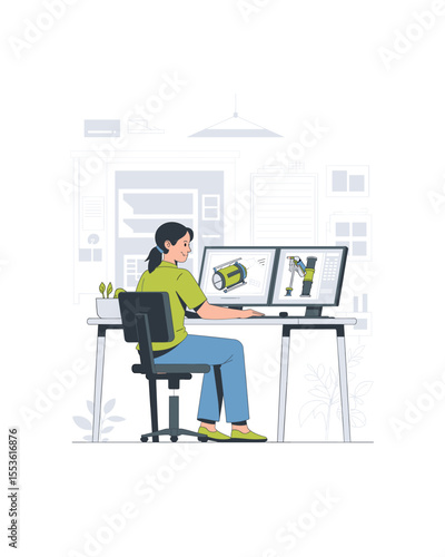 Female mechanical engineer working on CAD software with dual monitors in office