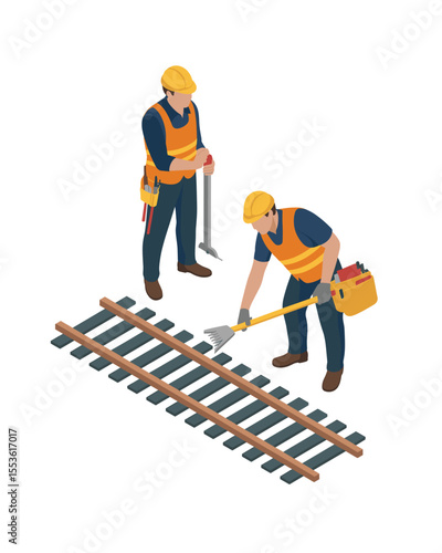 Isometric Illustration of Railway Workers Repairing Railroad Tracks with Tools in Uniform