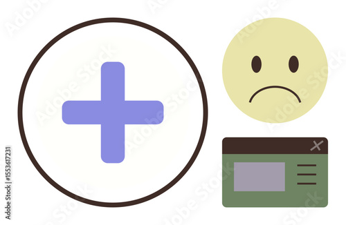 Purple cross within a circle, sad yellow face, and green notification window with interface details. Ideal for healthcare, failure notification, emotion, user interface, alert systems, sadness