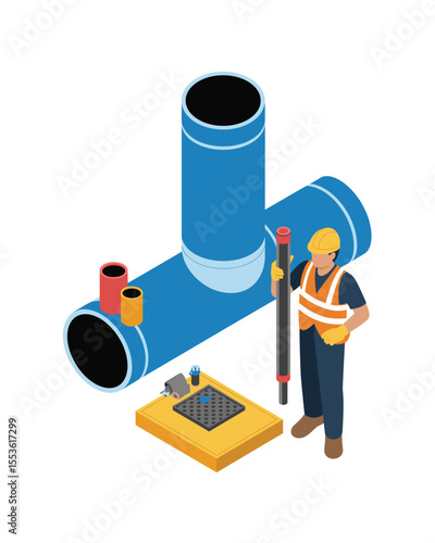 Isometric Construction Worker Inspecting Large Blue Pipes and Tools, Isolated on White Background