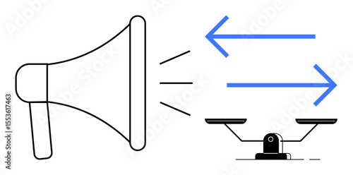 Megaphone projecting sound waves, blue arrows pointing in opposite directions, and balance scale. Ideal for communication, advocacy, negotiation, trade, equality, messaging cognitive balance