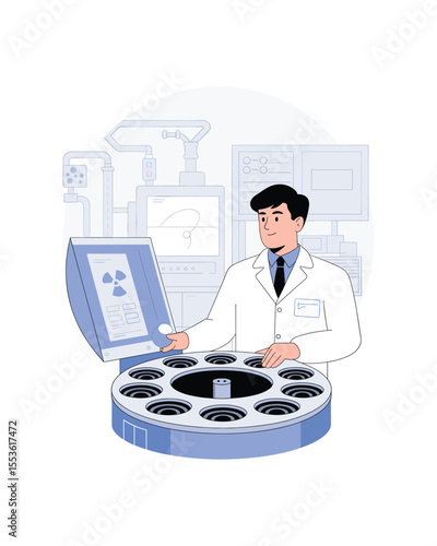 Scientist operating laboratory equipment with radiation symbol and a centrifuge for medical or research purposes.